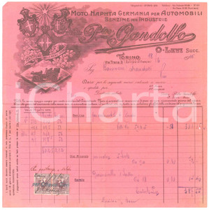 Documento originale, autentico 1916 TORINO Via Trana 6  Ditta Pietro GANDOLFO Benzine per industrie  Fattura 1