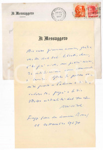 Autografo originale 1967 FIUGGI Lettera Mario MISSIROLI ringraziamento  Il Messaggero AUTOGRAFO 1
