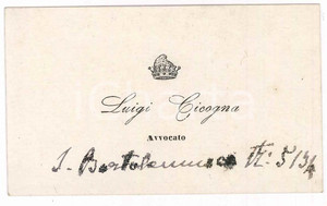 Autografo originale 1900 ca Luigi CICOGNA avvocato  Biglietto da visita autografo 1