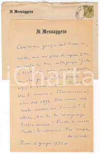 Autografo originale 1972 ROMA IL MESSAGGERO Lettera Mario MISSIROLI per ringraziamento AUTOGRAFO 1