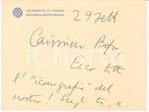 Autografo originale 1970 ca PADOVA Prof. Alberto TRABUCCHI  Biglietto ringraziamento AUTOGRAFO 1