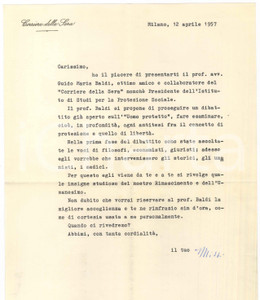 Autografo originale 1957 MILANO Lettera Mario MISSIROLI pro Guido Maria Baldi AUTOGRAFO 1