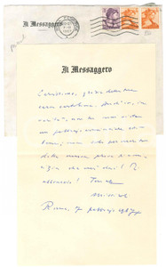 Autografo originale 1967 ROMA IL MESSAGGERO Lettera Mario MISSIROLI a un amico AUTOGRAFO 1
