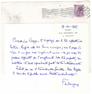Autografo originale 1957 ROMA Luigi FEDERZONI ringrazia un amico per l interessamento  AUTOGRAFO 1