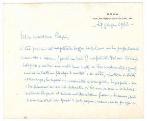 Autografo originale 1962 ROMA Luigi FEDERZONI dal proemio di un amico  Biglietto AUTOGRAFO 1