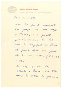 Autografo originale 1952 TORINO Giulio EINAUDI attende un incontro con un avvocato  Autografo 1