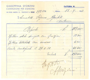 Documento originale, autentico 1952 MILANO via Amedei 16  Giuseppina SFORZINI Confezioni per signora  Fattura 1