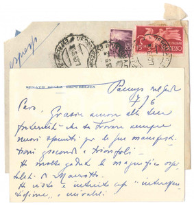 Autografo originale 1948 PIACENZA Biglietto sen. Antonio ALBERTI  Ringraziamenti  AUTOGRAFO 1