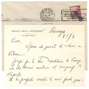 Autografo originale 1949 PIACENZA  Biglietto sen. Antonio ALBERTI in partenza per Roma  AUTOGRAFO 1