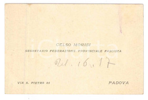 Oggetto da collezione cartaceo 1930 ca PADOVA Celso MORISI  Federazione Provinciale Fascista  Biglietto 1