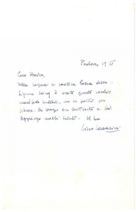 Autografo originale 1975 ca PADOVA Lino LAZZARINI  Lettera per invio manifesto Autografo 1