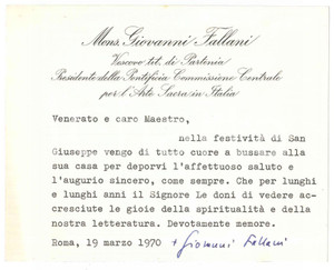 Autografo originale 1970 ROMA Mons. Giovanni FALLANI  Auguri S. Giuseppe Biglietto AUTOGRAFO 1