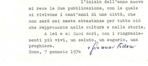 Autografo originale 1974 ROMA Mons. Giovanni FALLANI ringrazia per saggio ricevuto  AUTOGRAFO 1