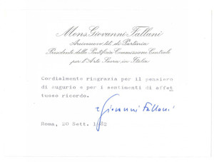 Autografo originale 1982 ROMA Mons. Giovanni FALLANI  Auguri  Biglietto autografo 1