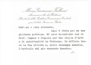 Autografo originale 1983 ROMA Mons. Giovanni FALLANI  Giornata padovana Biglietto autografo 1