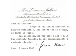 Autografo originale 1983 ROMA Mons. Giovanni FALLANI  Invio articolo Biglietto autografo 1