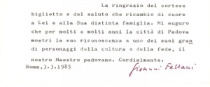Autografo originale 1985 ROMA Biglietto don Giovanni FALLANI per ringraziamento  Autografo 1