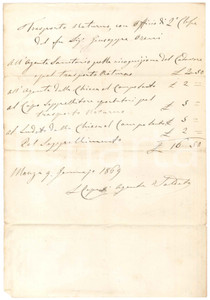 Documento originale, autentico 1869 MONZA Conto trasporto notturno e sepoltura di Giuseppe ORENI Manoscritto 1