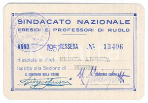 Oggetto da collezione cartaceo 1957 MODENA Sindacato Presidi e Professori di Ruolo  Tessera Alberta MODENA 1