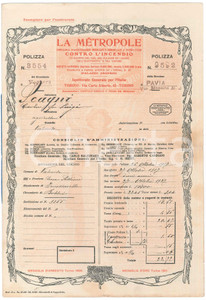 Documento originale, autentico 1917 VALVERDE PV  LA METROPOLE  Polizza incendio per fabbricati 1