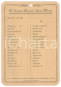 Documento originale, autentico 1915 ca GORLA MINORE  R. Collegio ROTONDI  Cartoncino corredo alunni 1