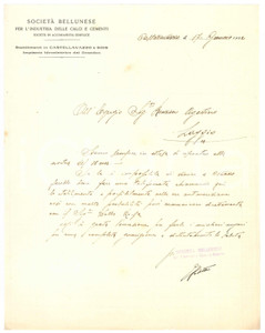 Documento originale, autentico 1922 CASTELLAVAZZO Società Bellunese Industria Calci e Cementi  Lettera 1