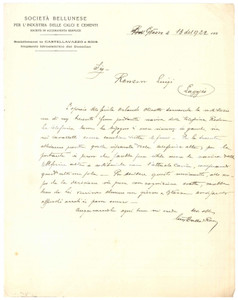 Documento originale, autentico 1922 BELLUNO SocietÃ  Industria Calci e Cementi  Sostituzione funi teleferica 1