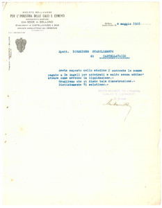 Documento originale, autentico 1928 BELLUNO SocietÃ  Industria Calci e Cementi  Lettera arretrati De Angeli 1