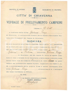Documento originale, autentico 1948 CHIAVENNA SO Verbale prelevamento campioni di vino ditta Giovanni PEREGO 1