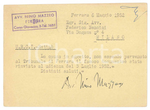 Autografo originale 1952 FERRARA Cartolina avv. Nino MAZZEO a un collega Autografo 1