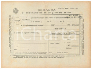 Documento originale, autentico 1923 MILANO Domanda di abbonamento ad un giornale estero  22x16 cm 1