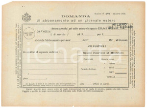 Documento originale, autentico 1923 MILANO Domanda di abbonamento ad un giornale estero  22x16 cm 1 1