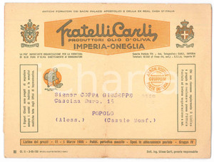 Materiale pubblicitario d’epoca Marzo 1965 IMPERIA ONEGLIA Fratelli CARLI olio d oliva Listino prezzi 1