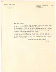 Autografo originale 1940 CICLISMO TILBURG Lettera Cor WALS per un ingaggio in Italia  AUTOGRAFO 1