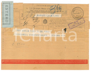 Documento originale, autentico 1941 CICLISMO KOELN Telegramma Jean SCHORN per gara al velodromo VIGORELLI 1