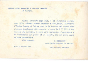 Documento originale, autentico 1954 PADOVA Ordine avvocati e procuratori  Onoranze a Vincenzo MANZINI Invito 1
