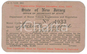 Documento originale, autentico 1921 USA  State of NEW JERSEY  Motor Cycle Driver s Licence 1