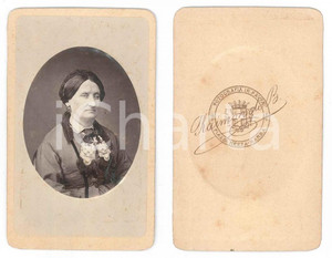 Fotografia d epoca originale 1870 ca PAVIA Ritratto di donna con foulard in pizzo  Foto B. RAIMONDI  CDV 1