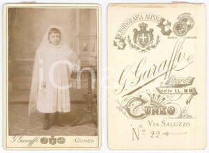 Fotografia d epoca originale 1900 ca CUNEO Bambina alla Prima Comunione  Foto Giacinto GARAFFI 11x16 cm 1