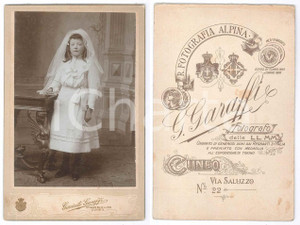 Fotografia d epoca originale 1900 ca CUNEO Bambina alla Prima Comunione Foto Giacinto GARAFFI 11x16 1