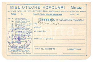 Oggetto da collezione cartaceo 1920 ca MILANO Biblioteche popolari  Tessera con timbro UniversitÃ  Popolare 1