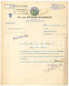 Documento originale, autentico 1944 MELZO MI SocietÃ  Anonima Egidio GALBANI  Lettera pro Giacomo GALBANI 1