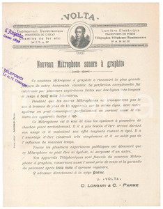 Materiale pubblicitario d’epoca 1898 PARMA Officine VOLTA  Microfono sonoro a grafite  Pieghevole 1