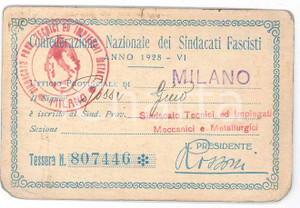 Oggetto da collezione cartaceo 1928 MILANO Confederazione sindacati fascisti  Sindacato tecnici metallurgici 1