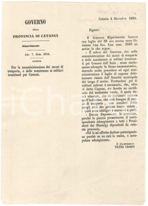 Documento originale, autentico 1860 CATANIA Norme sul trasporto dei militari infermi transitanti per i Comuni 1