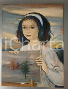 Opera d’arte autentica 1980 ca ARTE  ALLEGRINI  Ragazza con un quadro Tempera 30x40 FIRMATO 1
