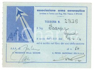 Oggetto da collezione cartaceo 1954 ASSOCIAZIONE ARMA AERONAUTICA Tessera del Tenente Guido SCARPA 1