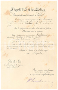 Documento originale, autentico 1894 BRUXELLES Jules ROMBAUT nouveau chevalier ordre de LÃ©opold Lettre 1