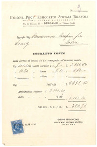 Documento originale, autentico 1938 BERGAMO Unione Prov. Essiccatoi Sociali BOZZOLI  Estratto conto partita 1