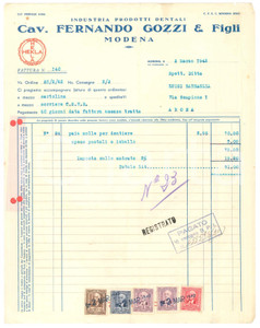 Documento originale, autentico 1942 MODENA Via Vignolese 26  Cav. Fernando GOZZI impianti dentali  Fattura 1